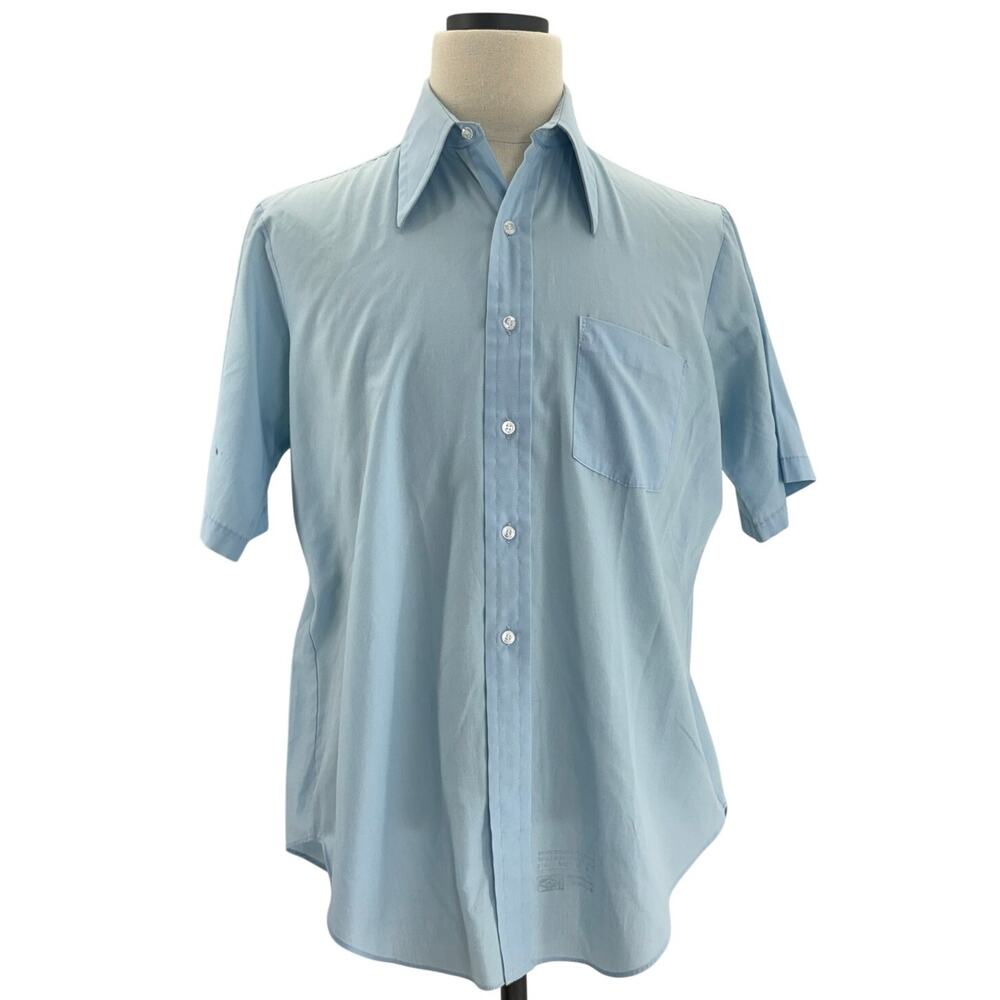 Vintage 70s Men's Large Blue Short Sleeve Button Down Shirt Lightweight 44 Chest